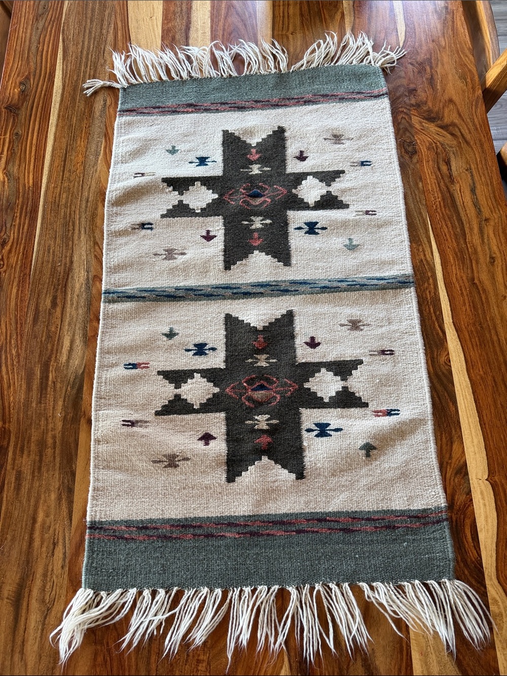 Handwoven Southwestern Star Wool Rug  Cream and Charcoal